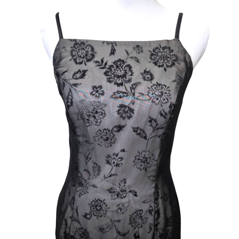 Morgan And Co Elegant Black Floral Lace Evening Dress Maxi Size 7/8 - Picture 2 of 12